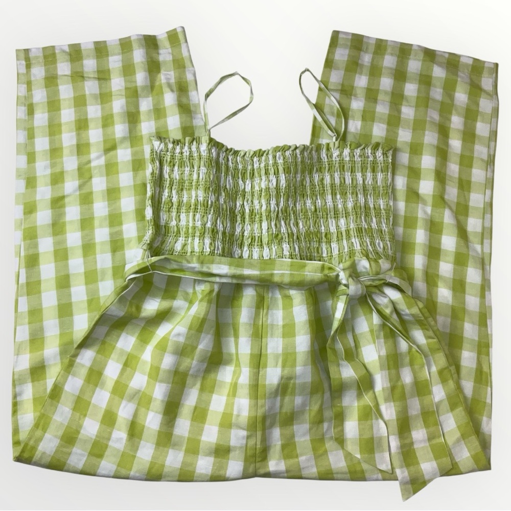 HOUSE OF HARLOW 1960 Linen Blend Smocked Gingham Green White Cropped Jumpsuit